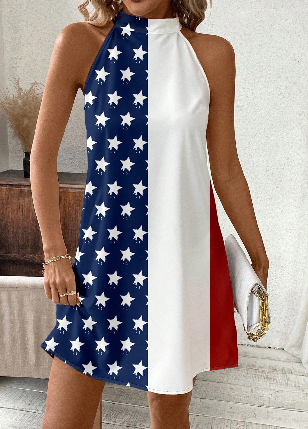 Комбинированное кэжуал платье с открытыми плечами SHEIN американский флаг