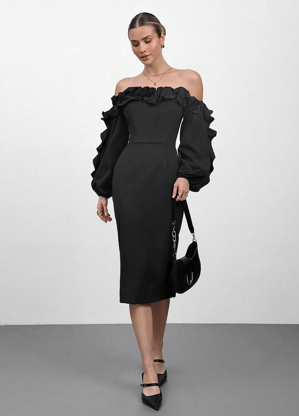 Чорна вечірня сукня силуетна, на одне плече SHEIN однотонна