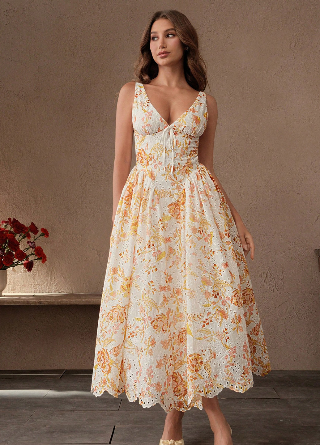 Світло-жовтий вечірня, кежуал сукня з спідницею-сонце, в стилі армпір SHEIN з квітковим принтом