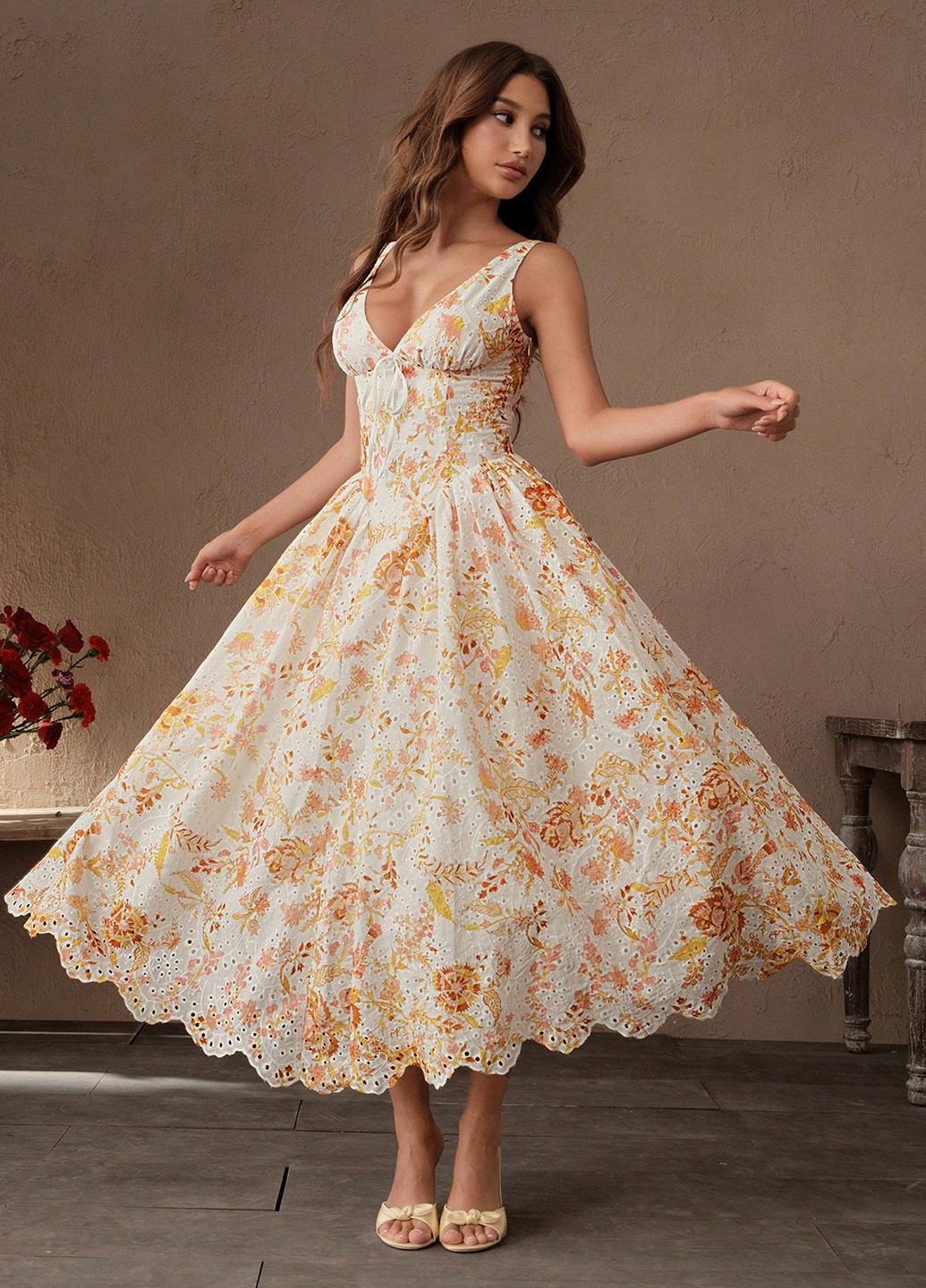 Світло-жовтий вечірня, кежуал сукня з спідницею-сонце, в стилі армпір SHEIN з квітковим принтом