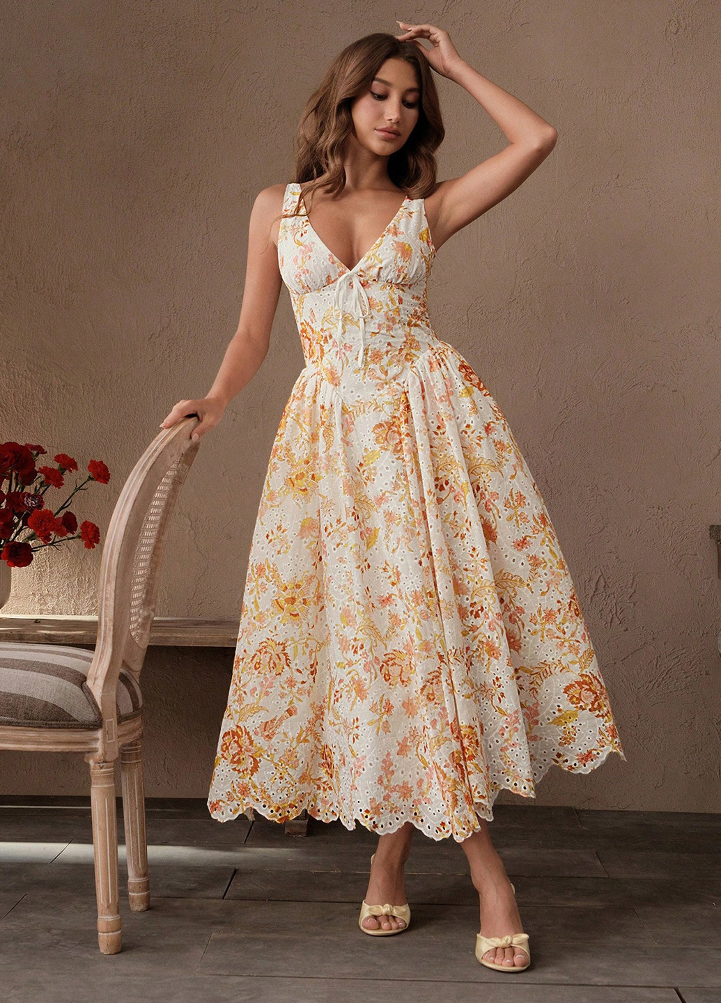 Світло-жовтий вечірня, кежуал сукня з спідницею-сонце, в стилі армпір SHEIN з квітковим принтом