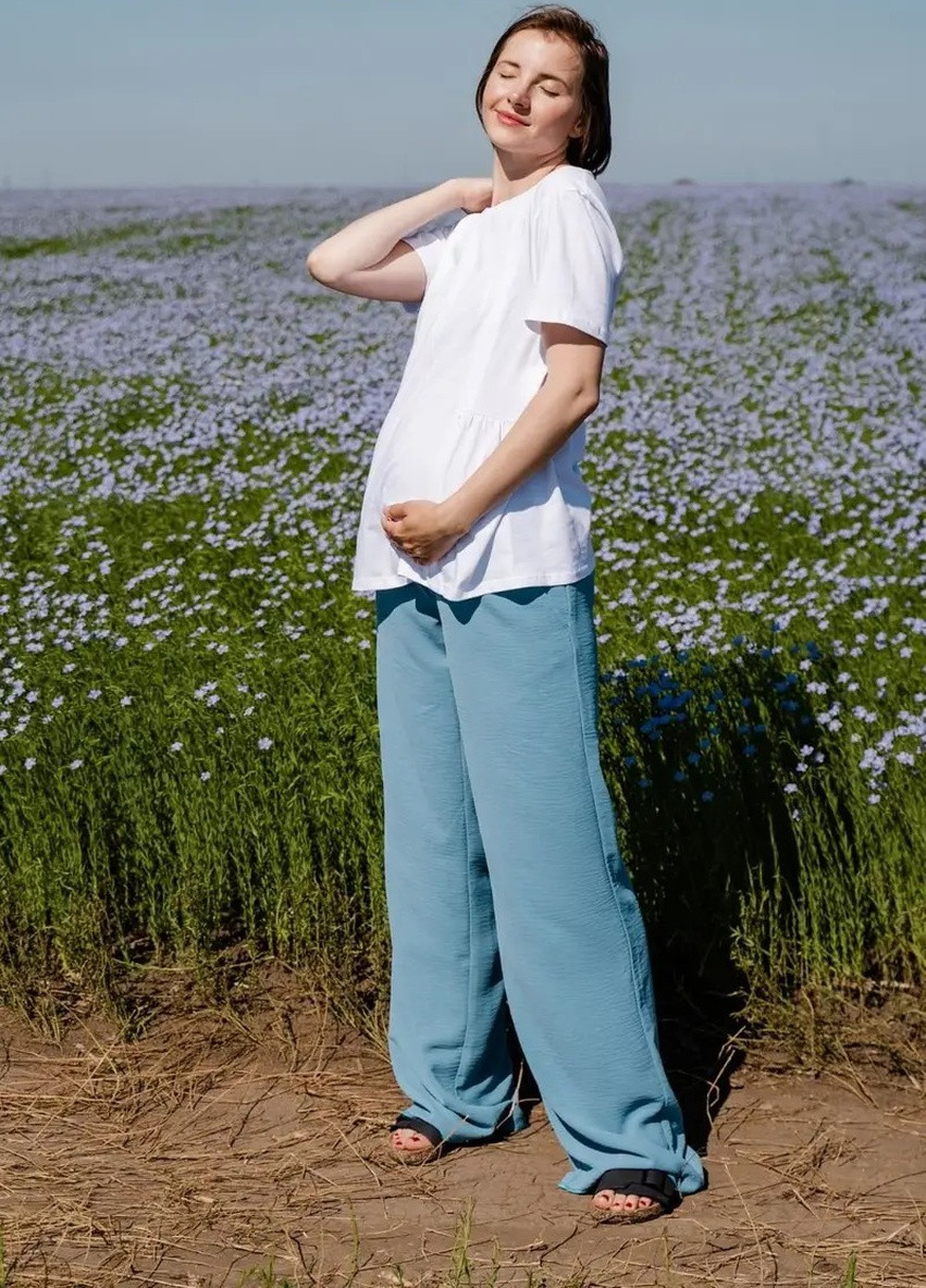 Сіро-блакитні легкі штани для вагітних бавовняні вільного крою з бандажиком під животик To Be (253020963)