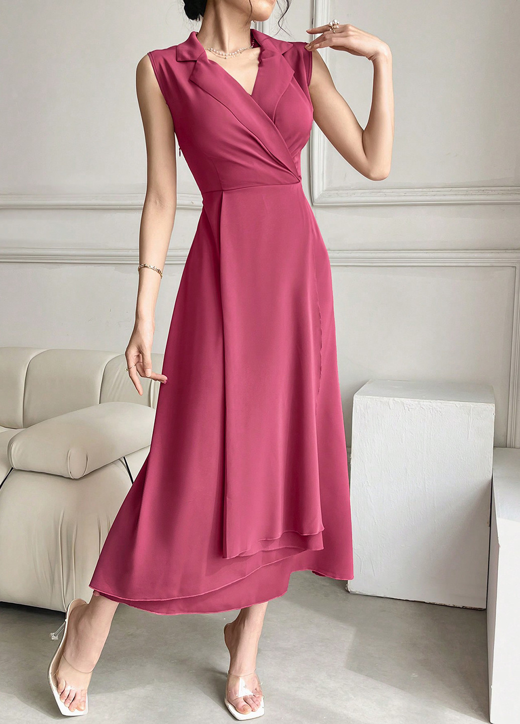 Фуксиновое (цвета Фуксия) кэжуал платье на запах SHEIN однотонное