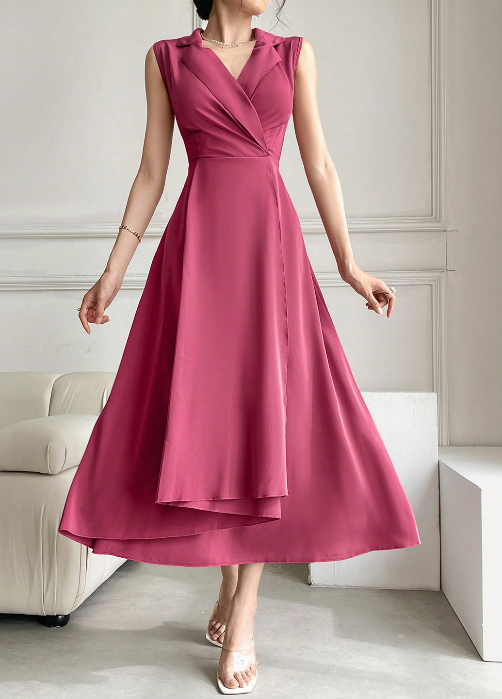 Фуксиновое (цвета Фуксия) кэжуал платье на запах SHEIN однотонное