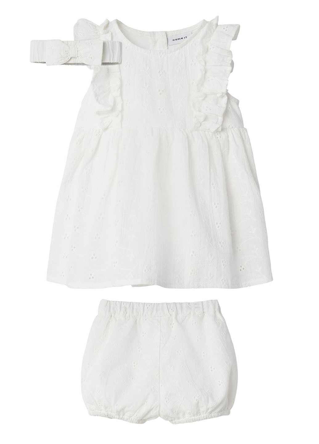 Белый демисезонный комплект (платье, трусы, повязка) Name it