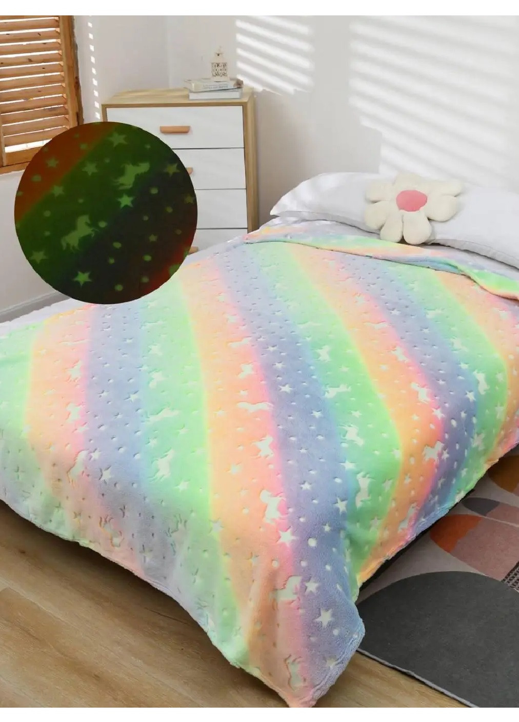 Детский плед светящийся в темноте покрывало одеяло микрофибра 100х135 см (473626-Prob) Радужный единорог Unbranded (255708278)