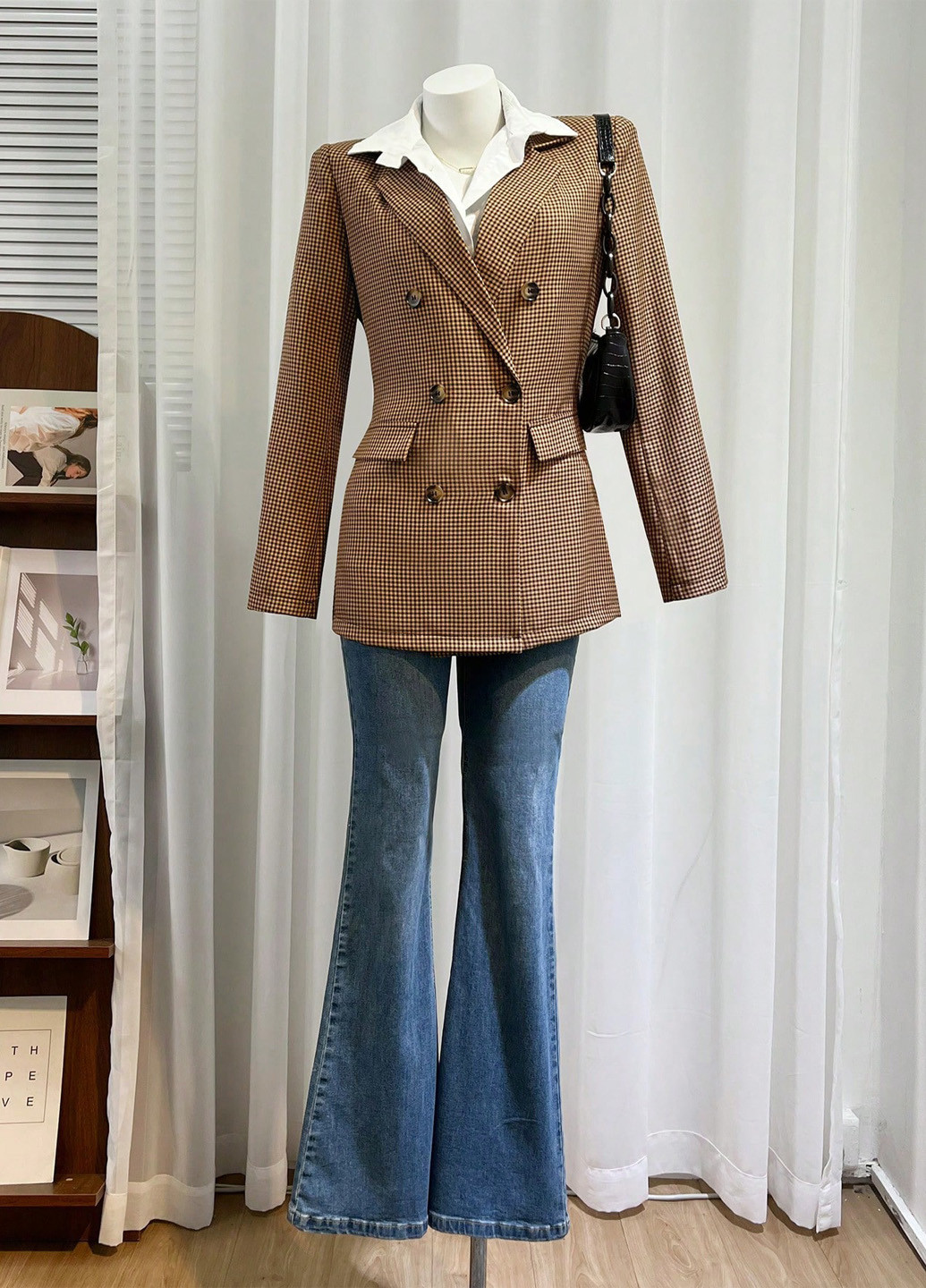 Бежевый женский пиджак SHEIN в клеточку - демисезонный