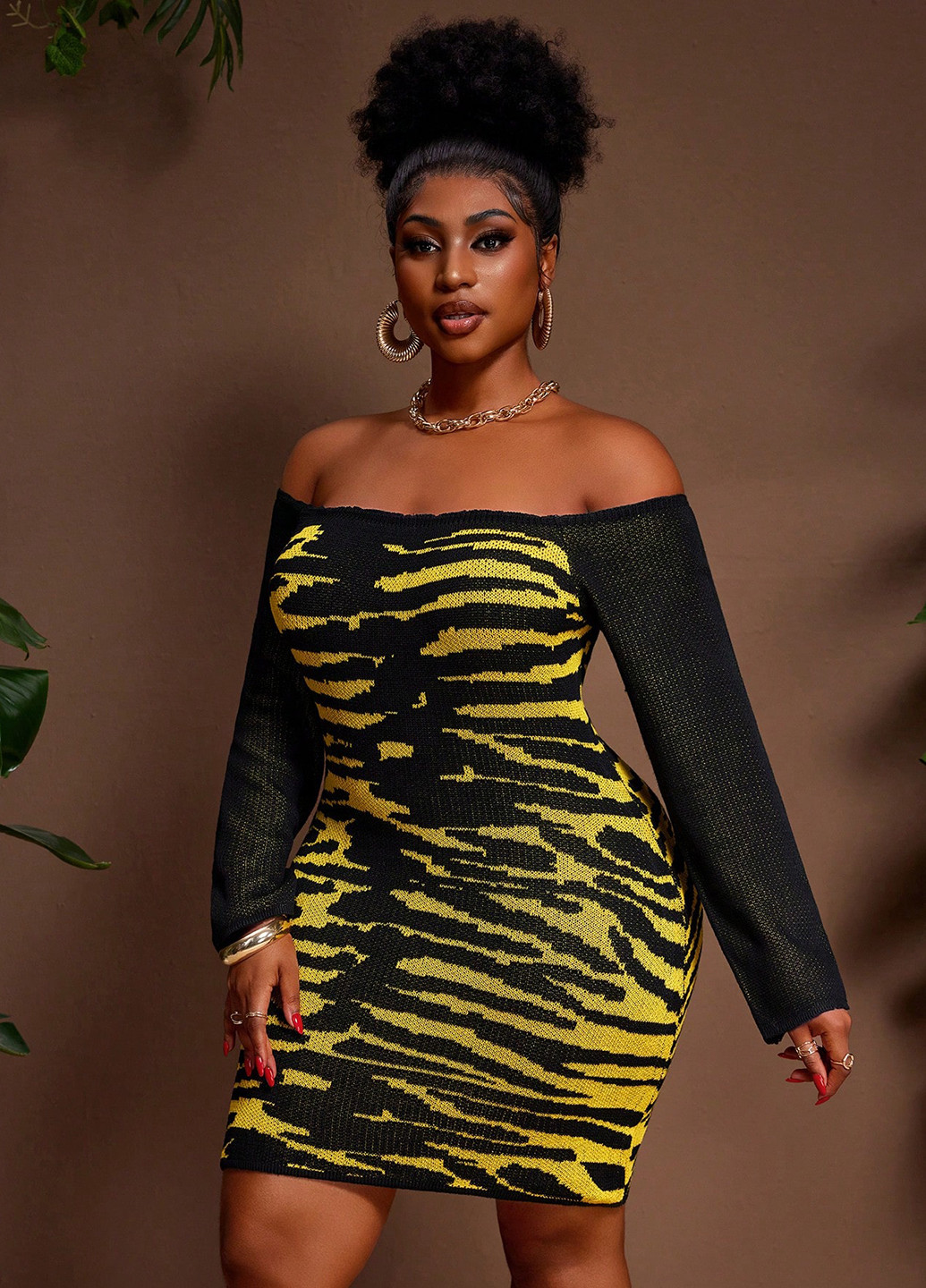 Комбінована вечірня, кежуал сукня силуетна, з відкритими плечима SHEIN тигровый