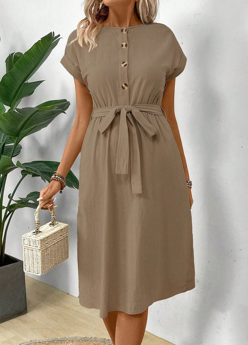 Темно-бежевое кэжуал платье SHEIN однотонное