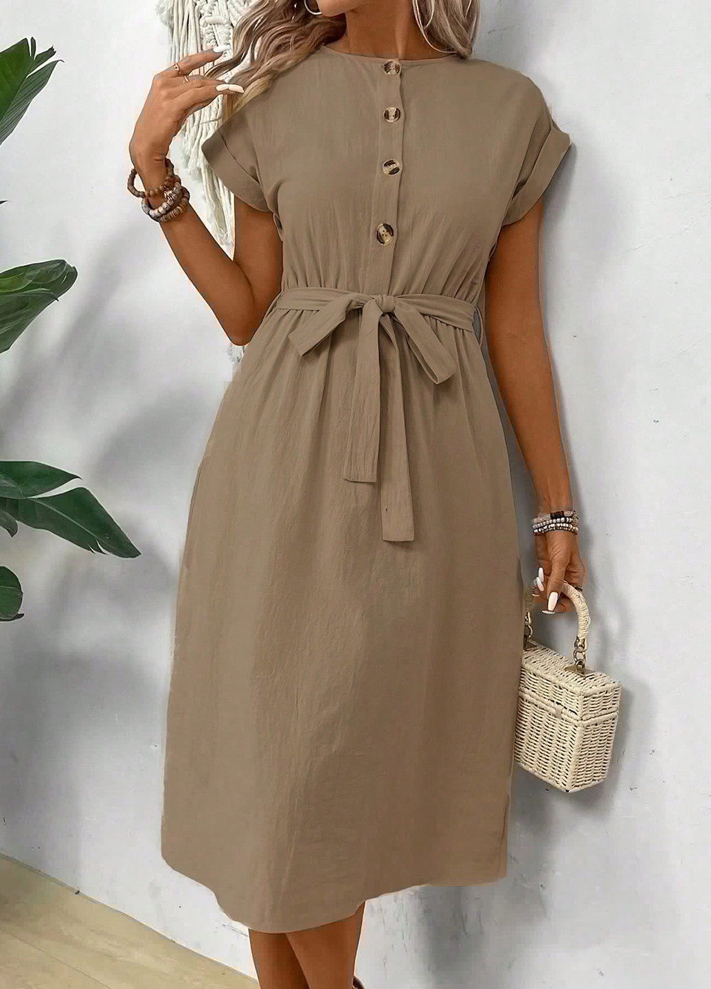Темно-бежевое кэжуал платье SHEIN однотонное
