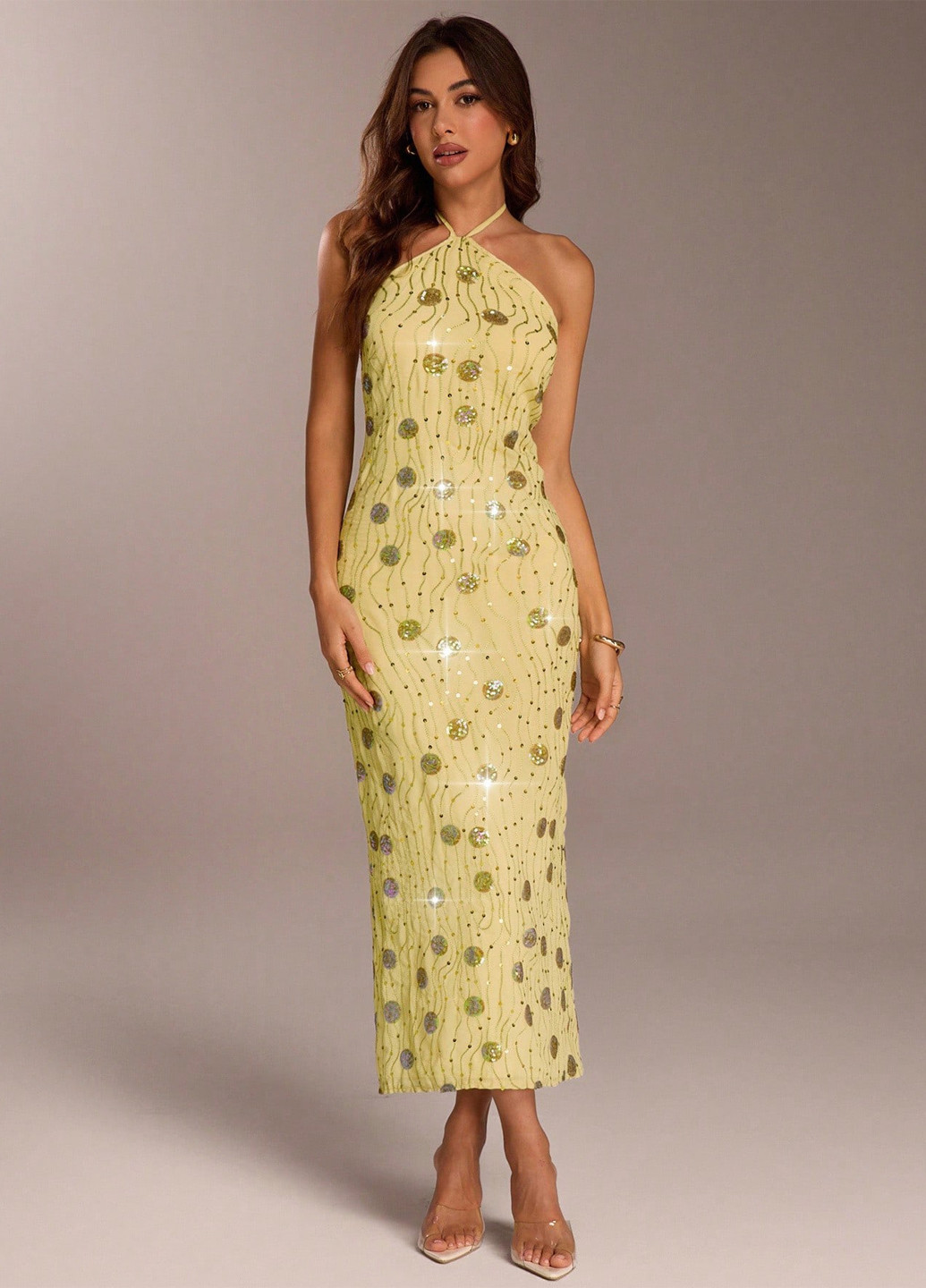 Світло-жовтий святковий, вечірня сукня з відкритими плечима SHEIN однотонна