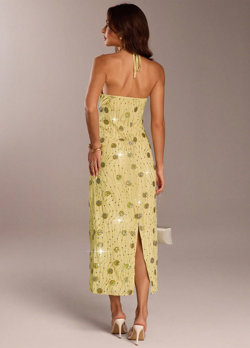 Світло-жовтий святковий, вечірня сукня з відкритими плечима SHEIN однотонна