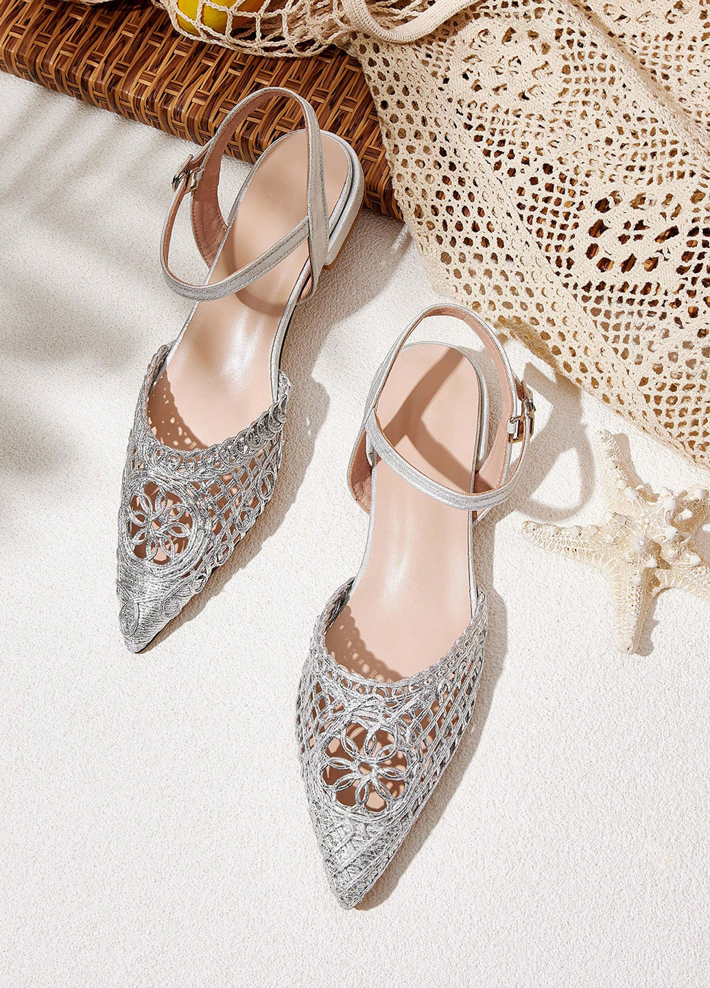 SHEIN Туфлі анкл страп срібний з соломка, китай — літо (365779477)