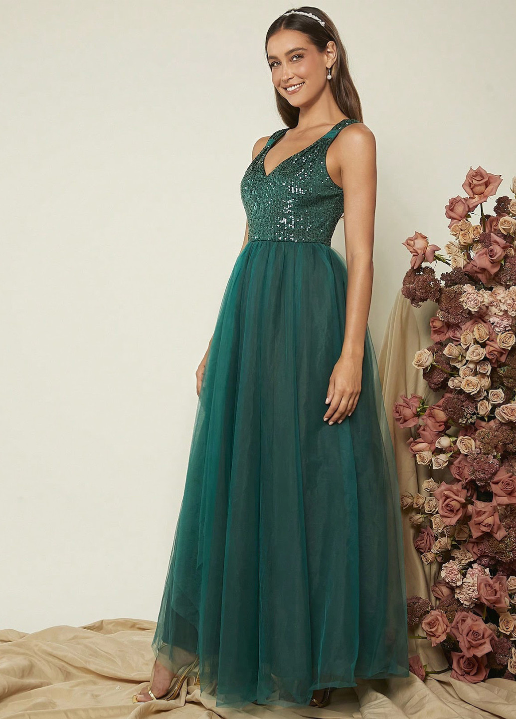 Темно-зеленое вечернее платье а-силуэт SHEIN однотонное