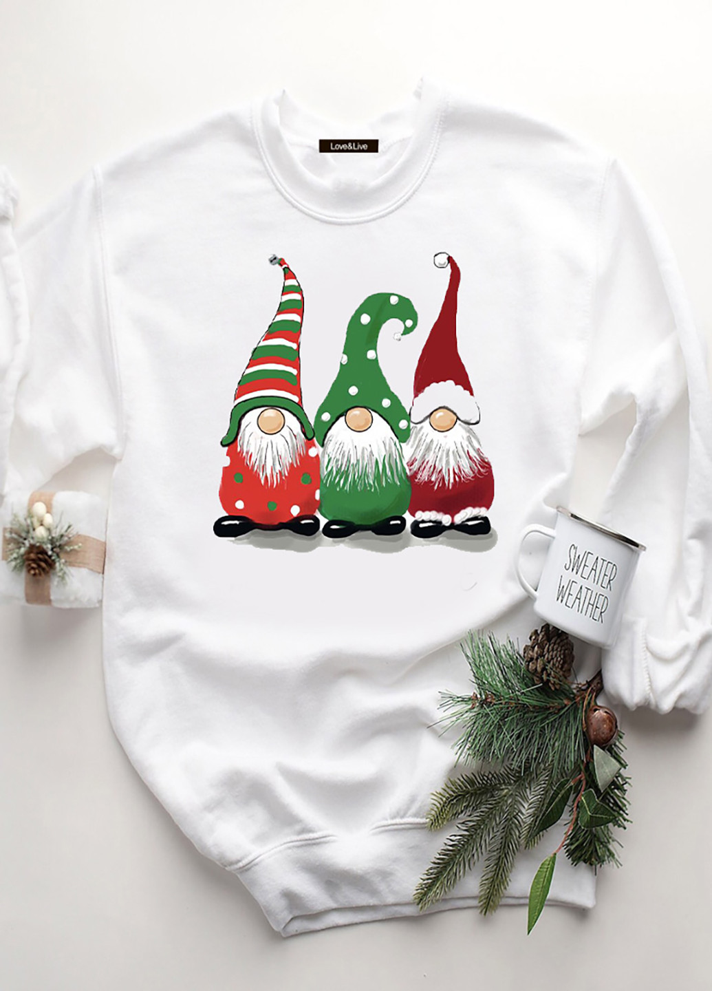 Свитшот белый Christmas gnomes Love&Live - крой рисунок белый кэжуал - (250091914)