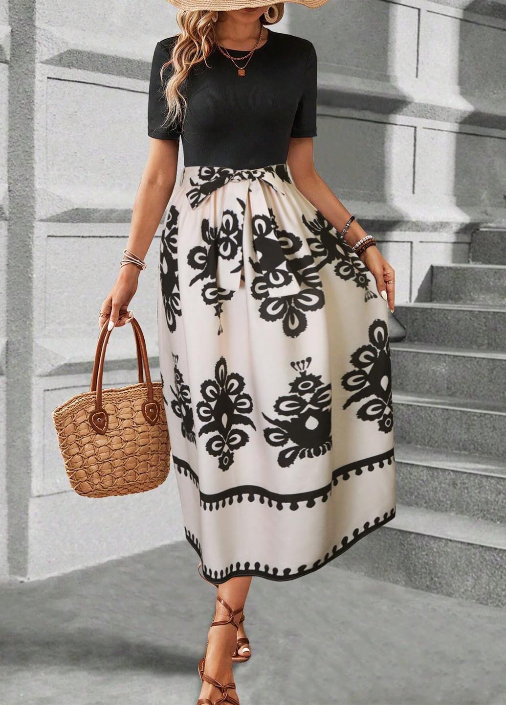 Комбинированное праздничный, деловое, кэжуал платье клеш, а-силуэт SHEIN колор блок