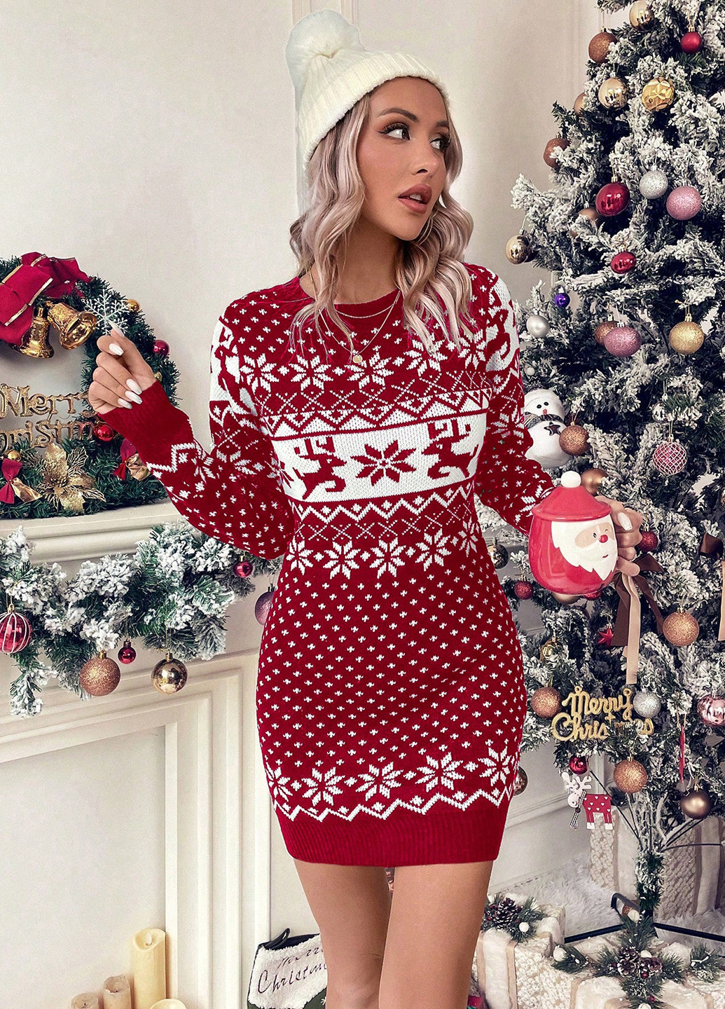 Бордова кежуал сукня сукня светр SHEIN з новорічним принтом