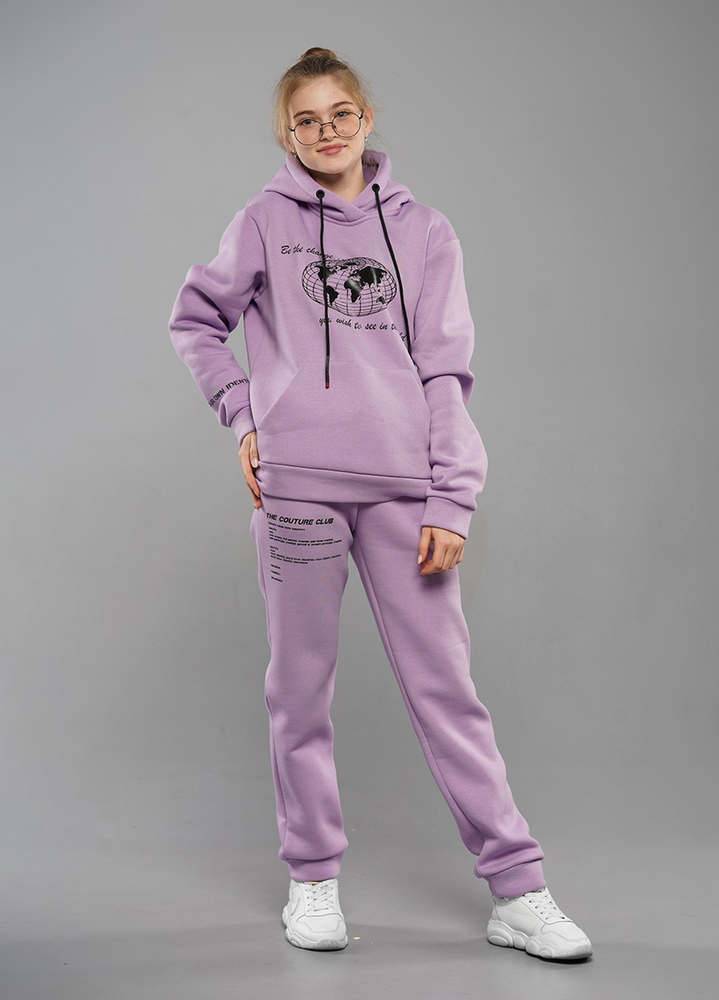 Сиреневый модный зимний спортивный костюм с надписями Sinthia (205956141)
