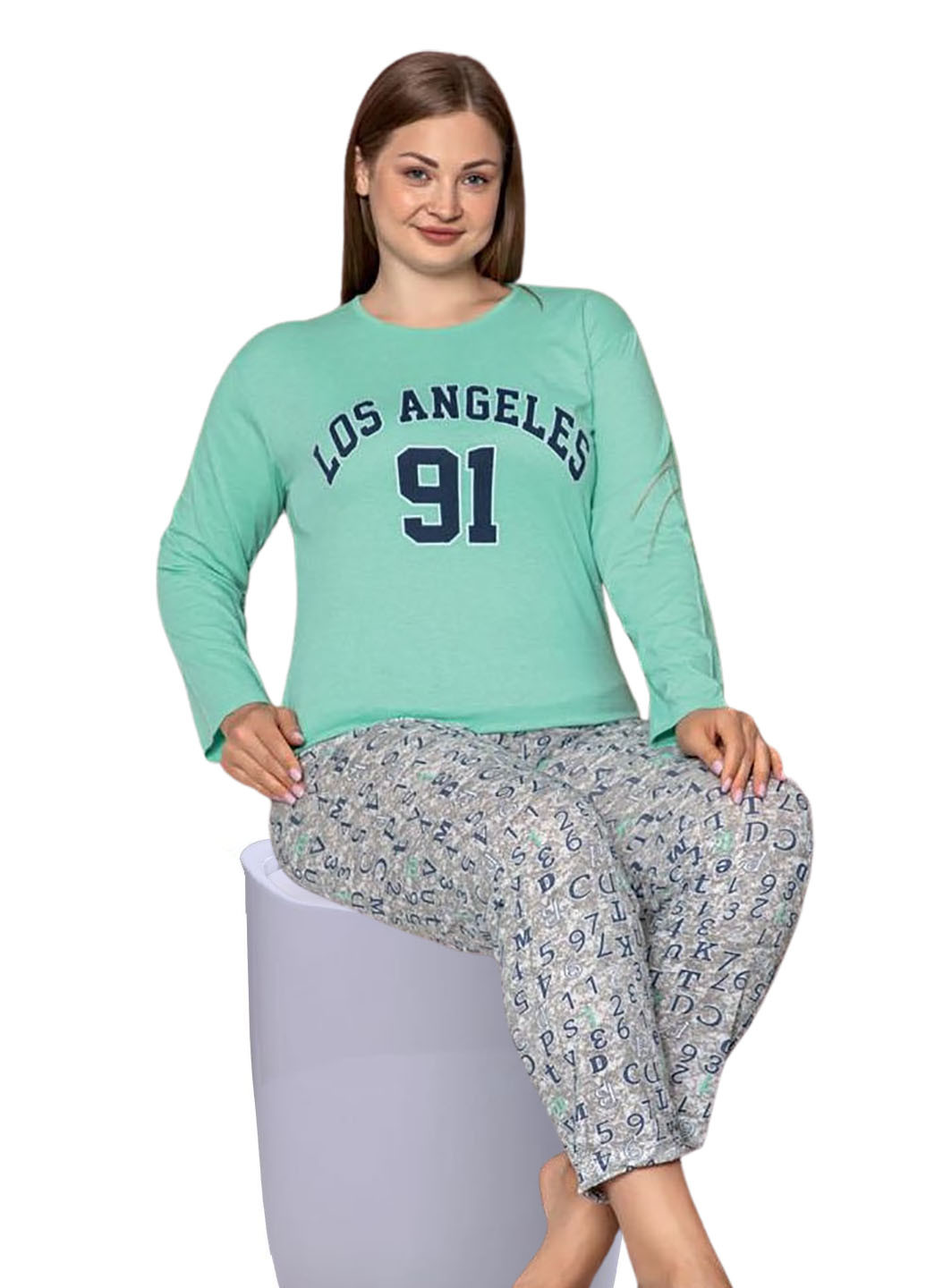 М'ятна всесезон піжама бавовна big size лонгслив + брюки Rinda Pijama