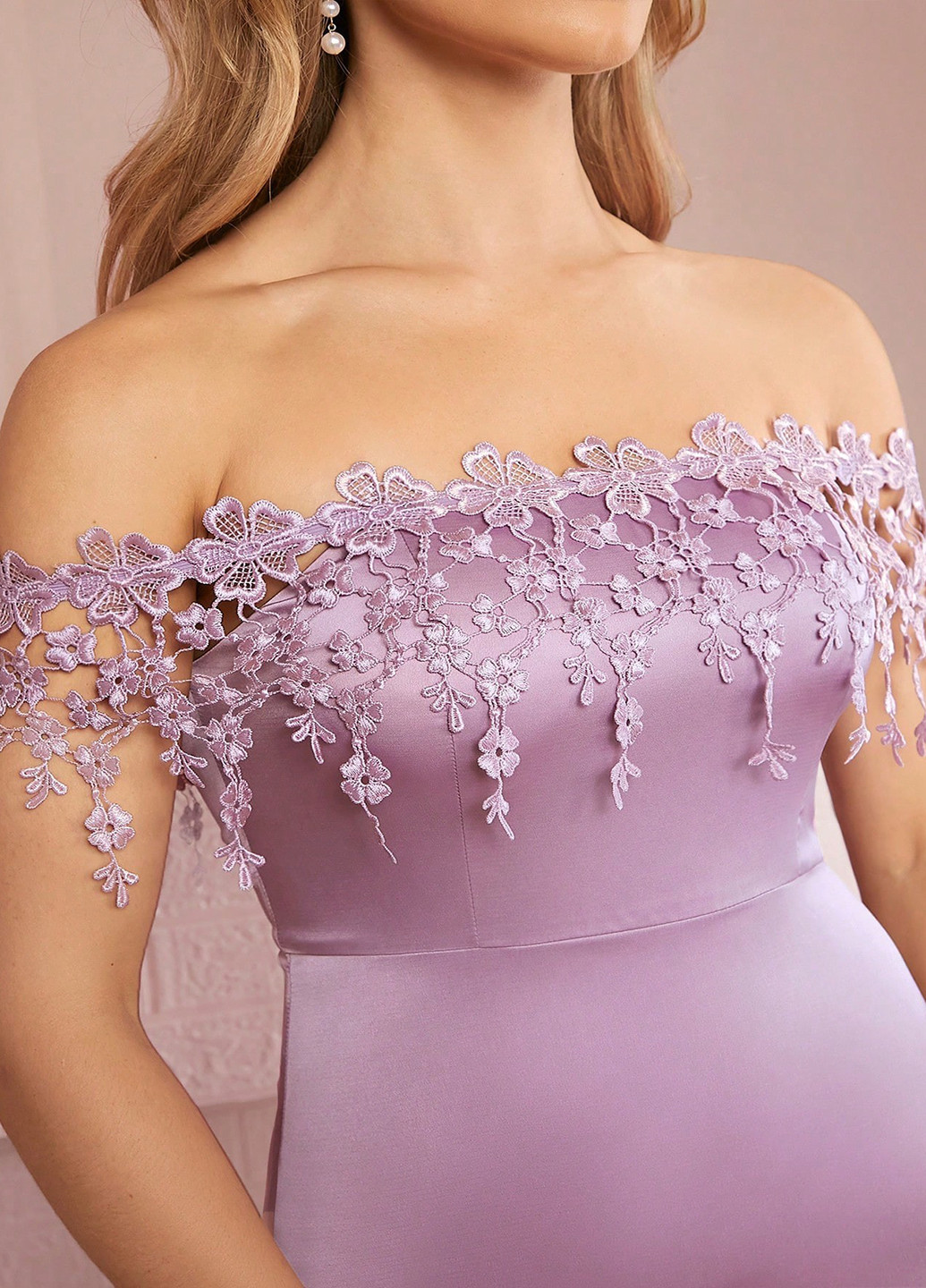 Сиреневое вечернее платье годе, с открытыми плечами, с открытой спиной, со шлейфом SHEIN однотонное