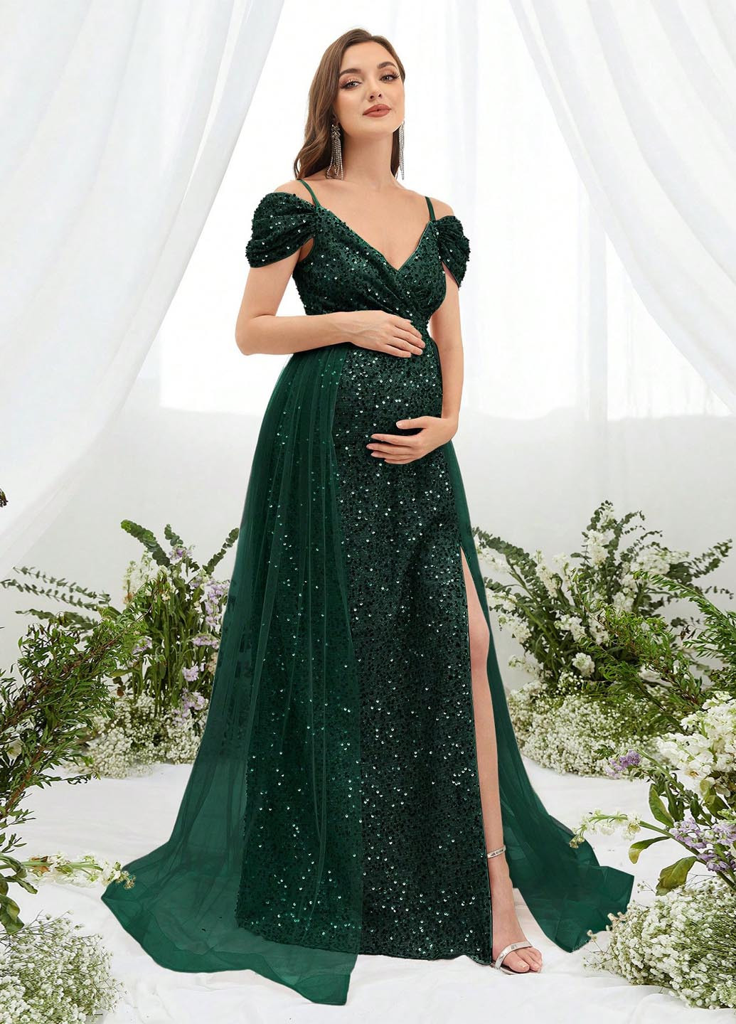 Темно-зеленое праздничный, вечернее платье для беременных в стиле ампир SHEIN однотонное