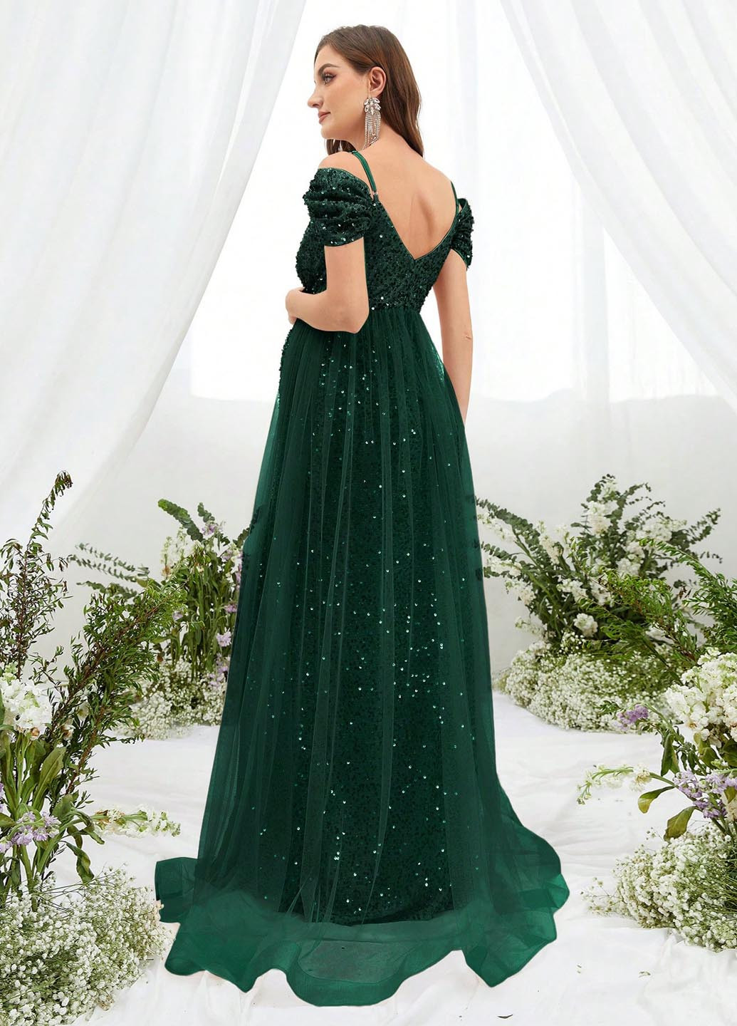 Темно-зеленое праздничный, вечернее платье для беременных в стиле ампир SHEIN однотонное