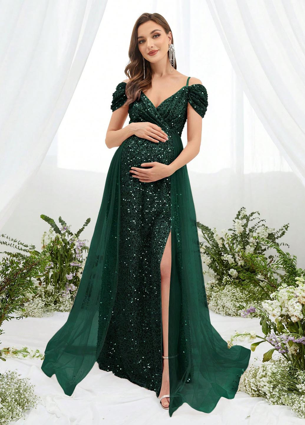 Темно-зеленое праздничный, вечернее платье для беременных в стиле ампир SHEIN однотонное