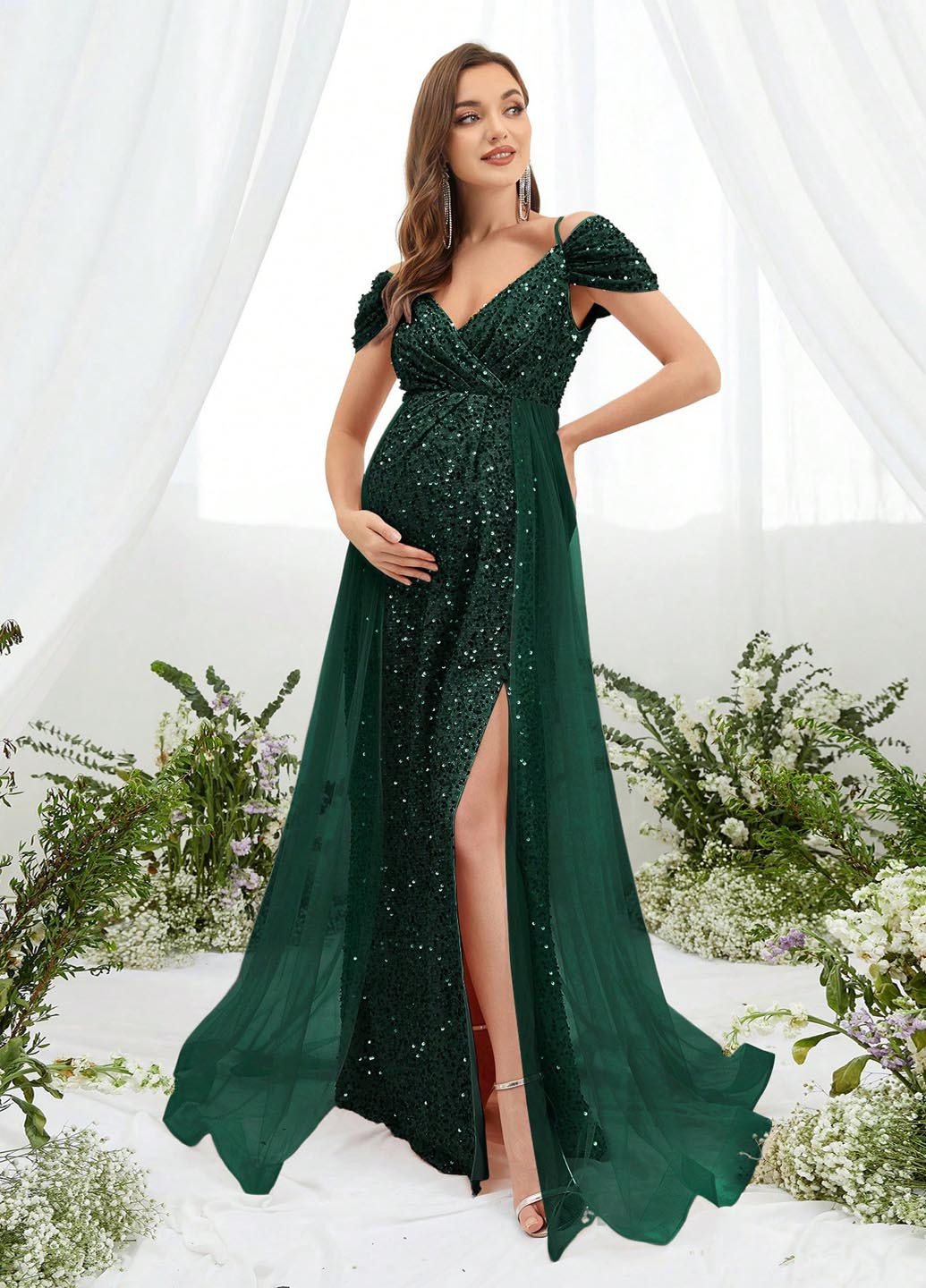 Темно-зеленое праздничный, вечернее платье для беременных в стиле ампир SHEIN однотонное