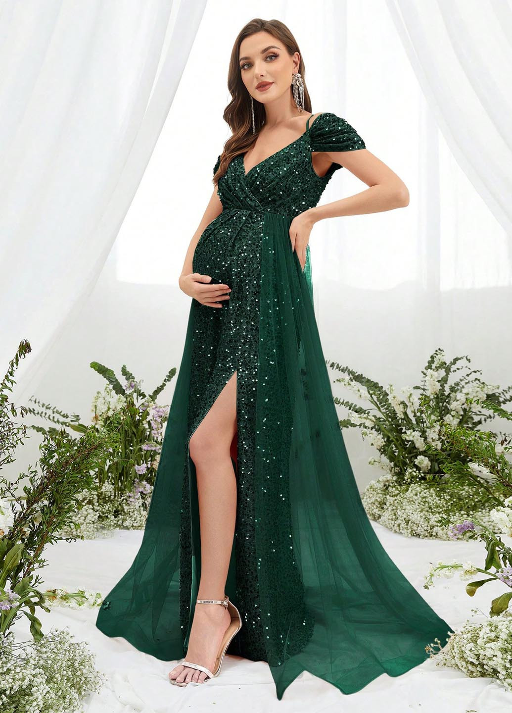 Темно-зеленое праздничный, вечернее платье для беременных в стиле ампир SHEIN однотонное