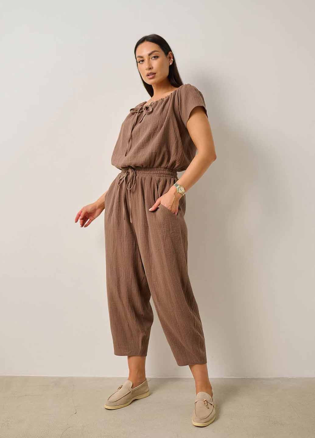 Комбинезон LibeAmore комбинезон-брюки однотонный кофейный кэжуал хлопок, вискоза