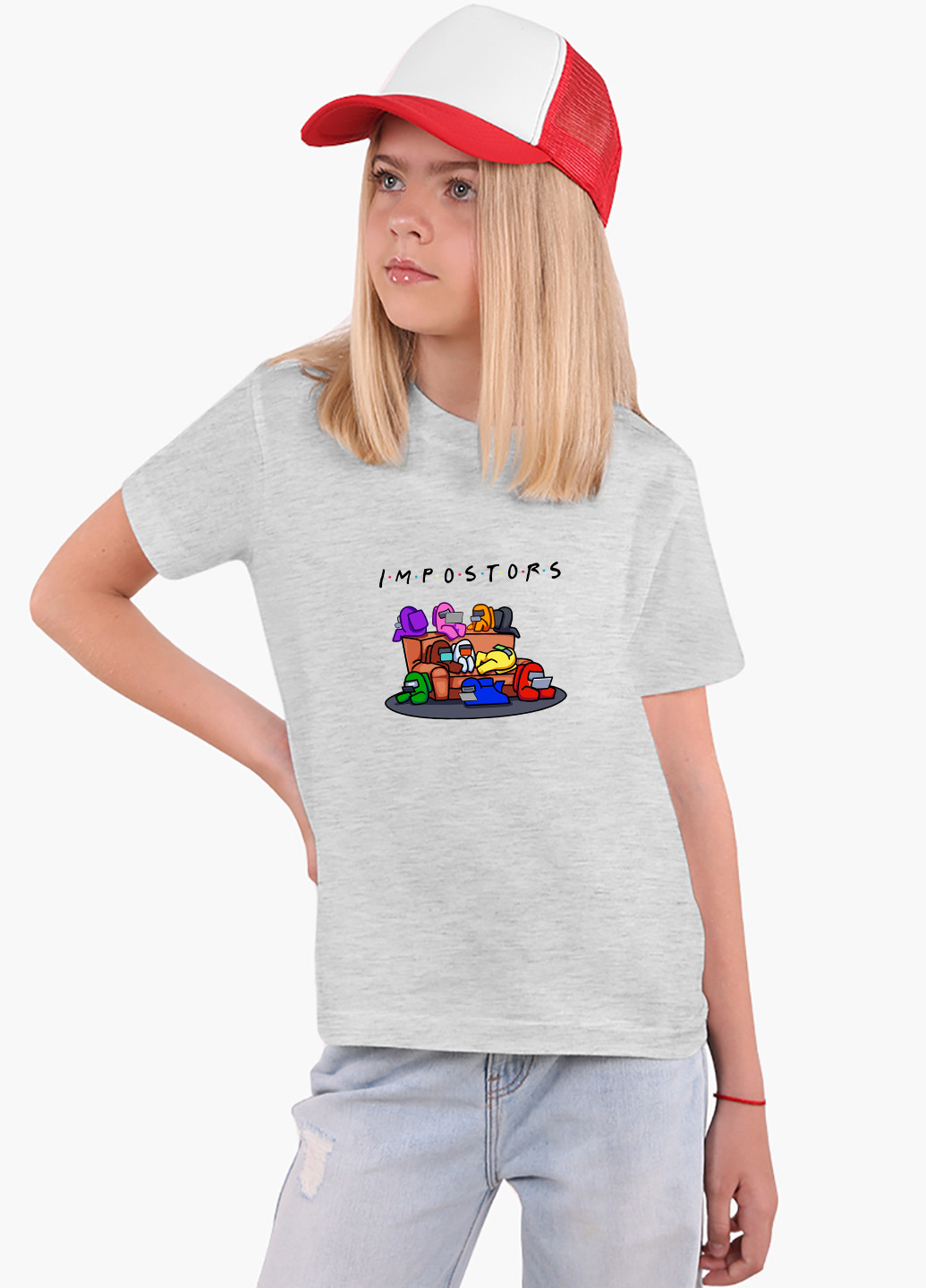 Светло-серая демисезонная футболка детская амонг ас друзья самозванцы (among us friends impostors)(9224-2427) MobiPrint