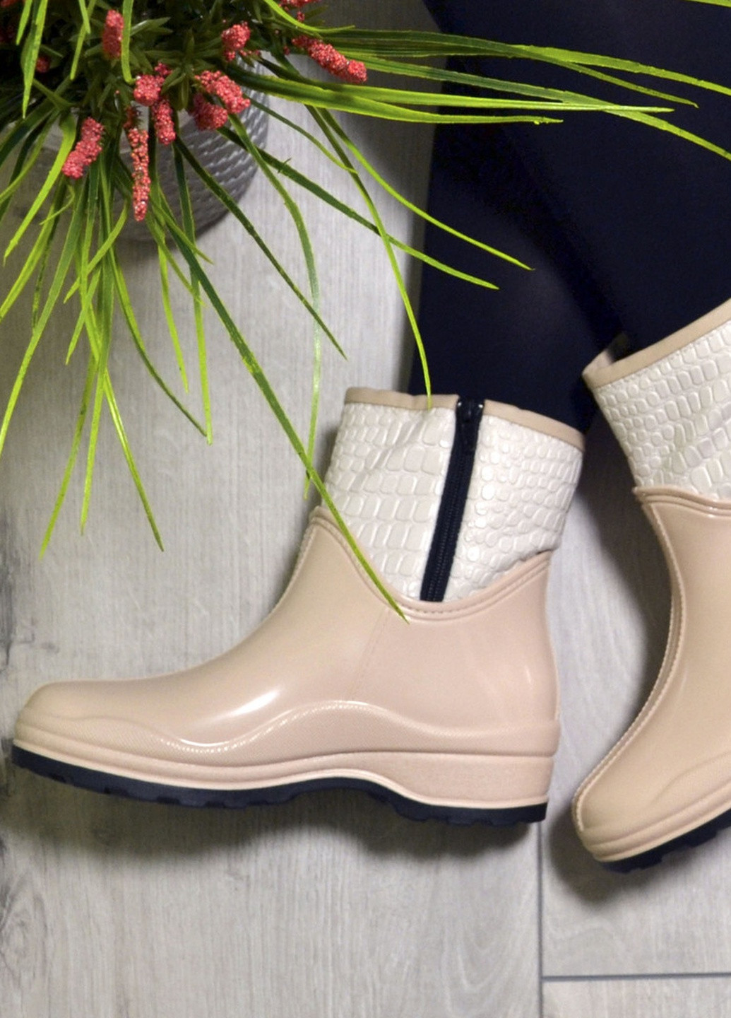 Черевики чоботи гумові непромокальні утеплені флісом по всій довжині бежеві жіночі W-Shoes (235895345)