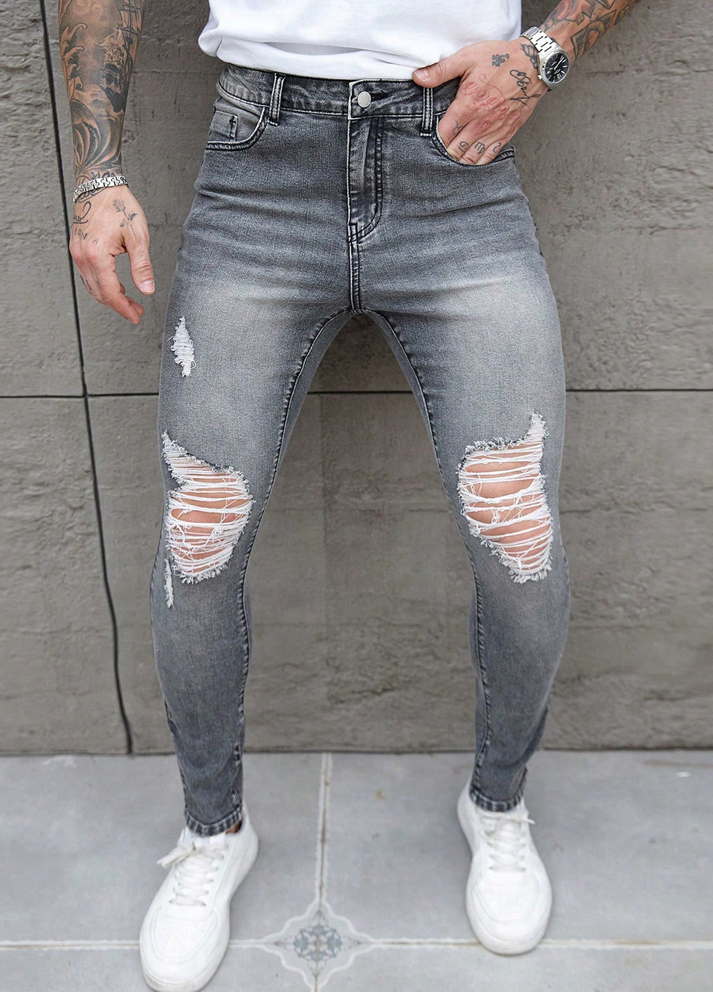 Светло-серые демисезонные скинни джинсы SHEIN