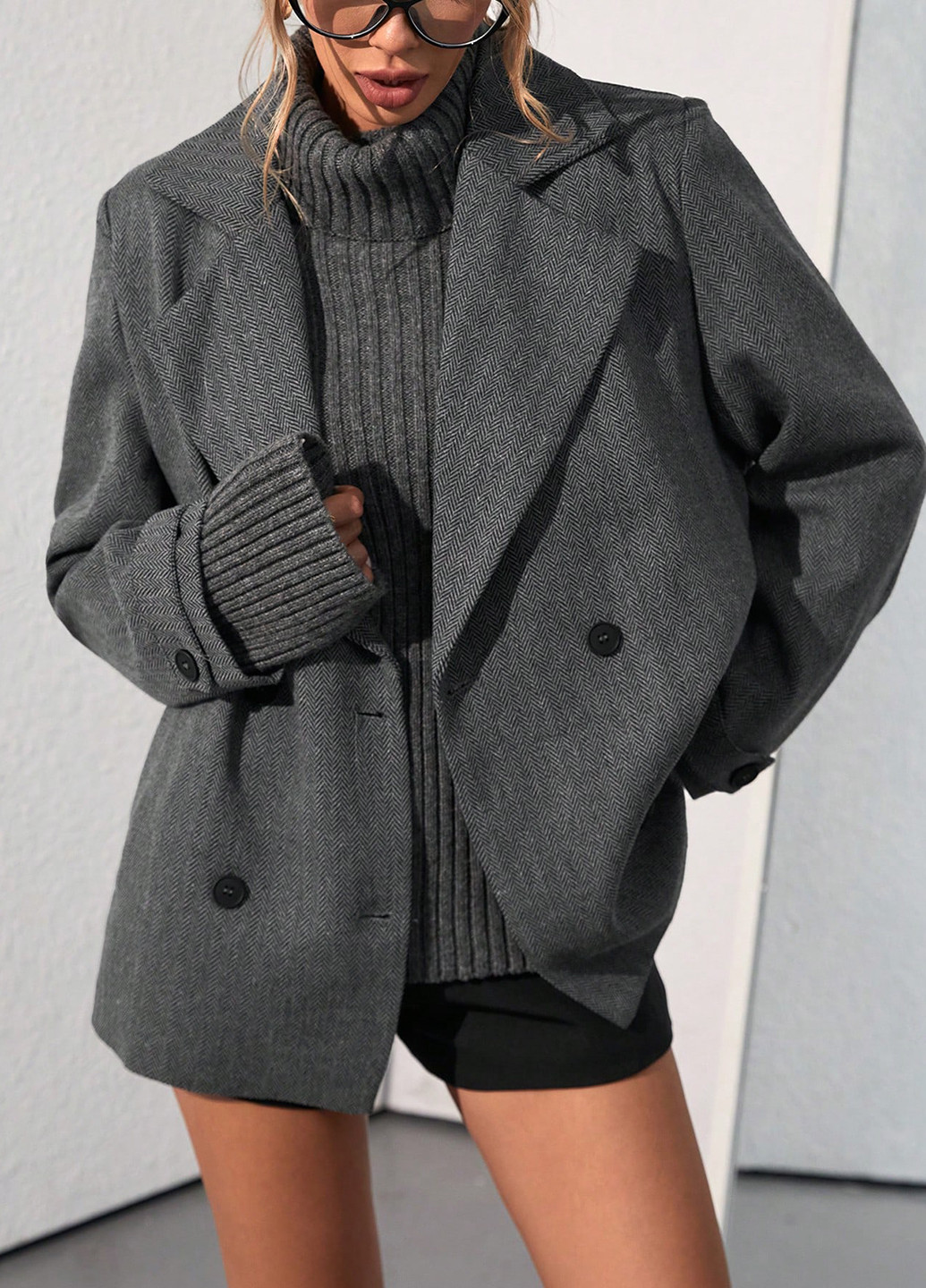 Темно-сіре Кежуал напівпальто двобортне SHEIN меланж