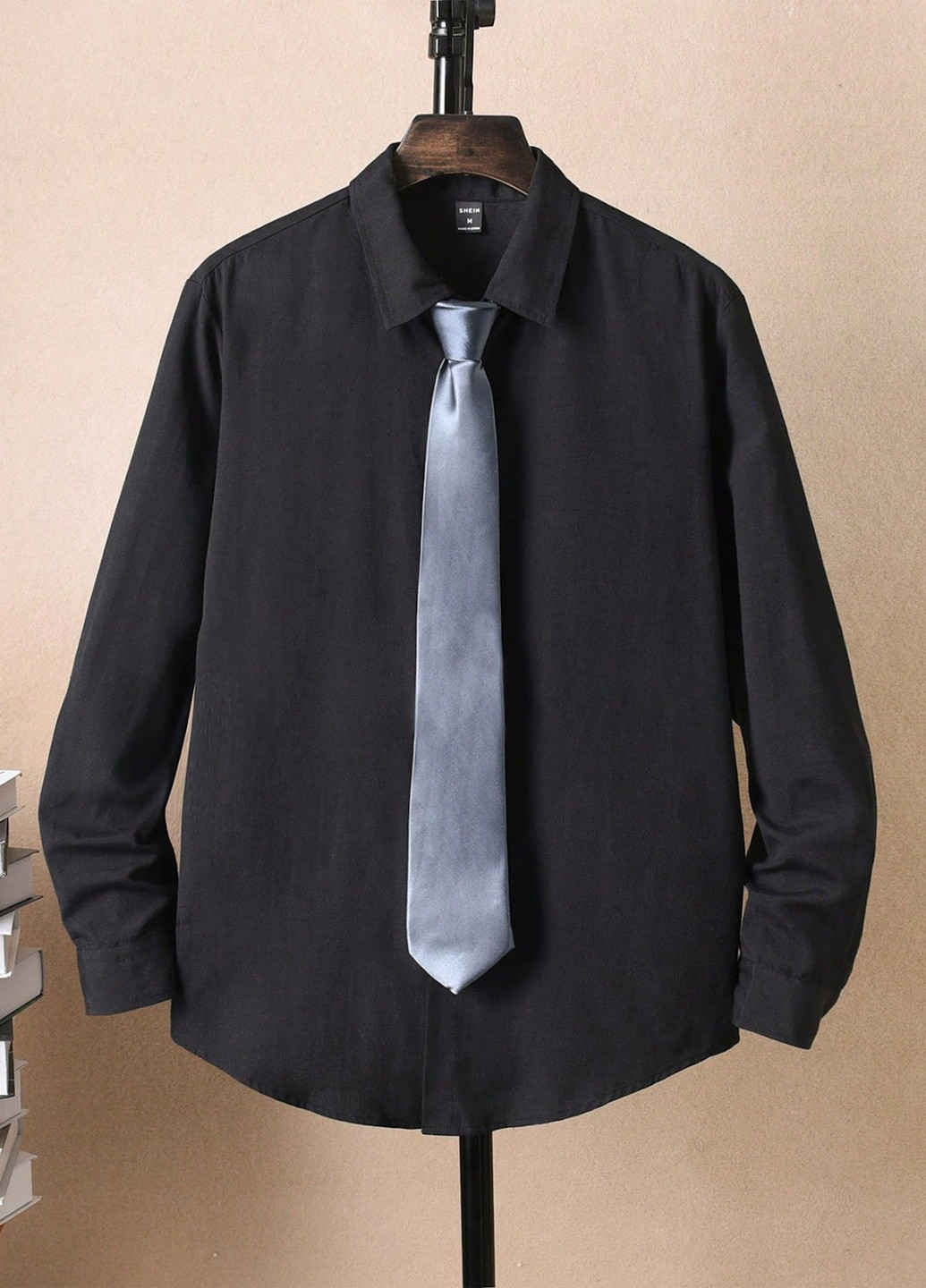 Черная кэжуал, классическая рубашка однотонная SHEIN