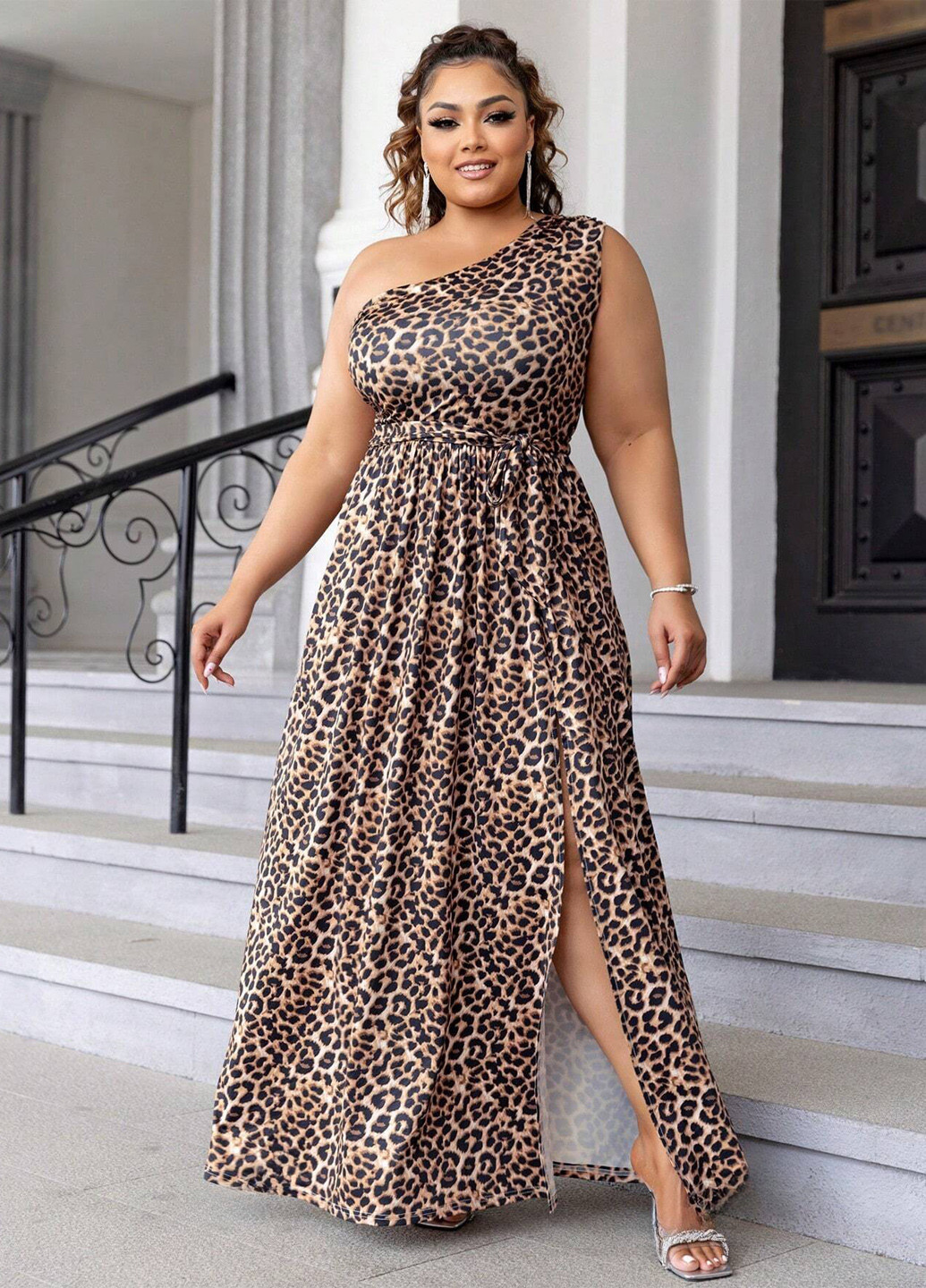 Комбинированное кэжуал платье на одно плечо SHEIN леопардовый