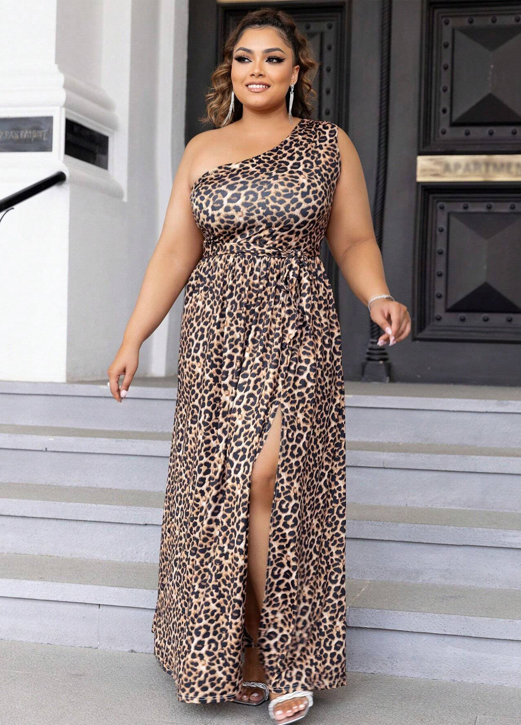 Комбинированное кэжуал платье на одно плечо SHEIN леопардовый