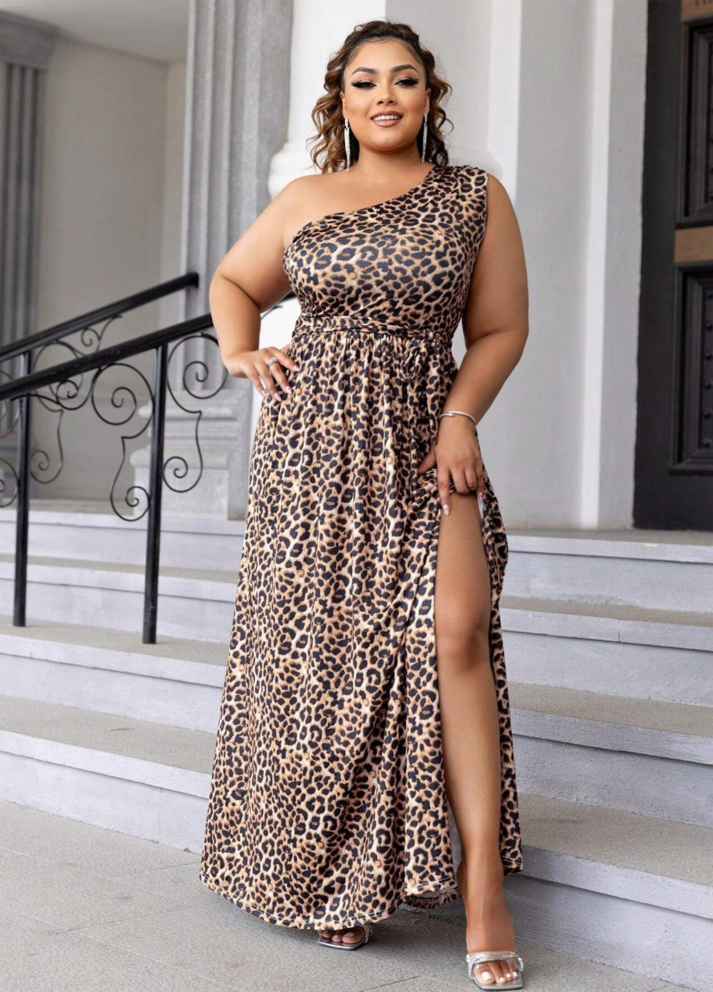 Комбинированное кэжуал платье на одно плечо SHEIN леопардовый