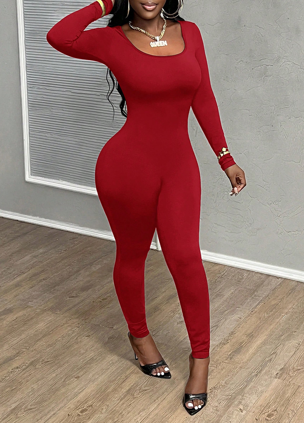 Комбинезон SHEIN комбинезон-брюки однотонный вишнёвый вечерний полиэстер, трикотаж