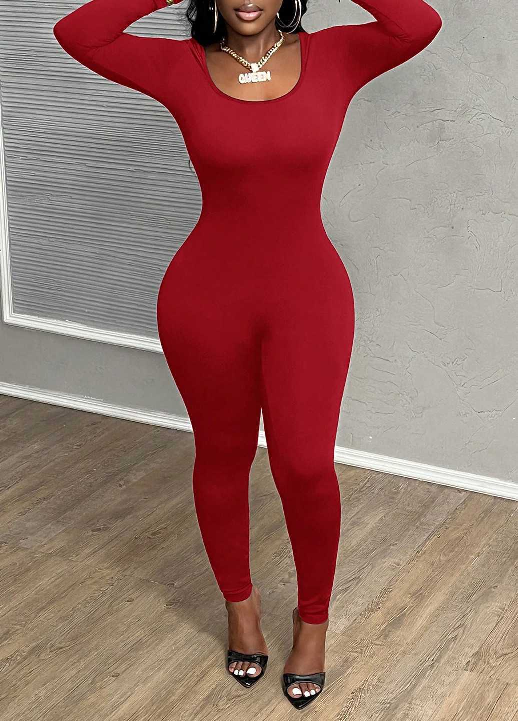 Комбинезон SHEIN комбинезон-брюки однотонный вишнёвый вечерний полиэстер, трикотаж