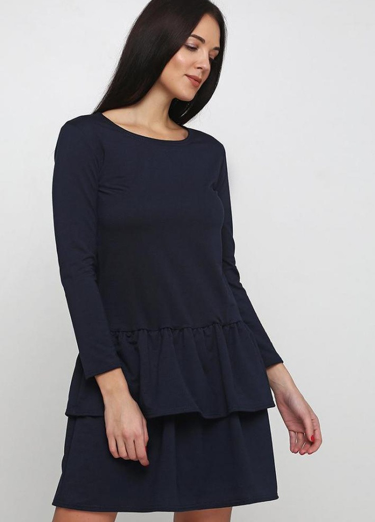 Синее кэжуал молодежное удобное платье с юбкой воланами из двунитки camomile Podium однотонное