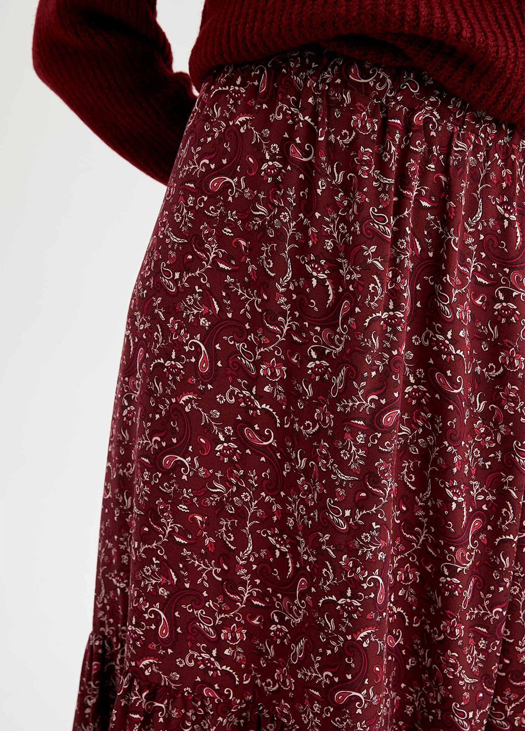 Бордовая кэжуал цветочной расцветки юбка DeFacto а-силуэта (трапеция)