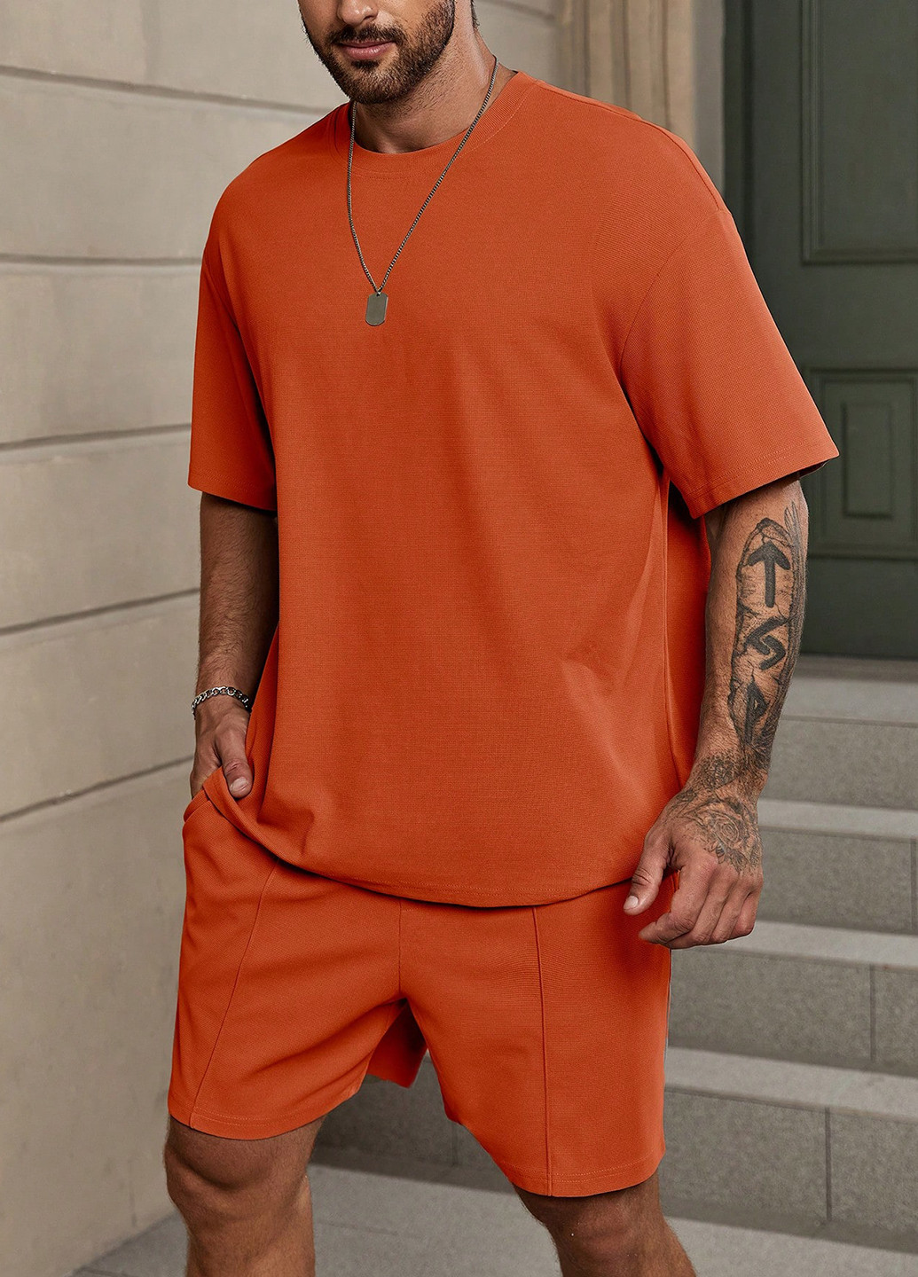 Помаранчевий літній костюм (футболка, шорти) з шортами SHEIN