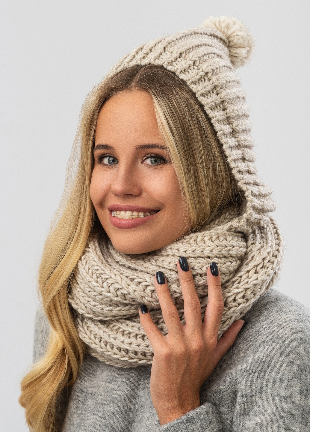 Снуд жіночій з капюшоном -76 48х30см Бежевий W-Luxury 9249P (254046357)