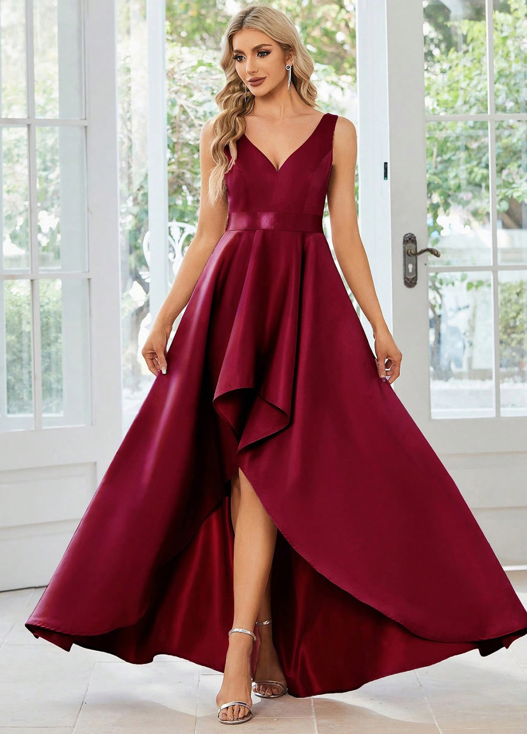 Бордовое вечернее, праздничный платье клеш SHEIN однотонное