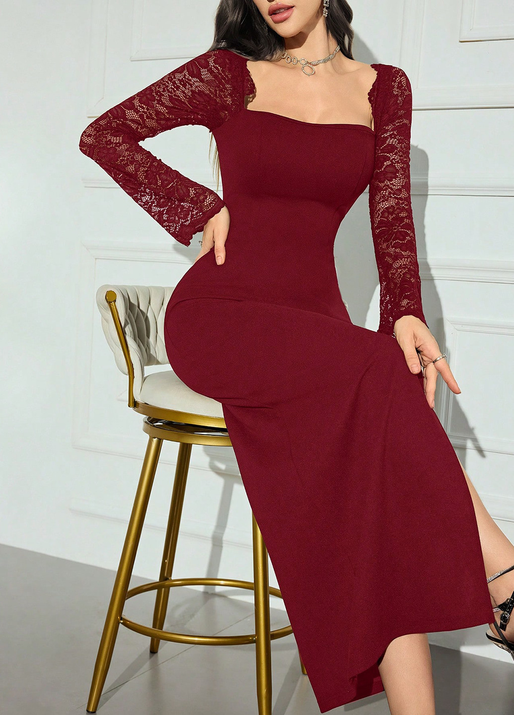 Бордовое вечернее платье футляр SHEIN однотонное