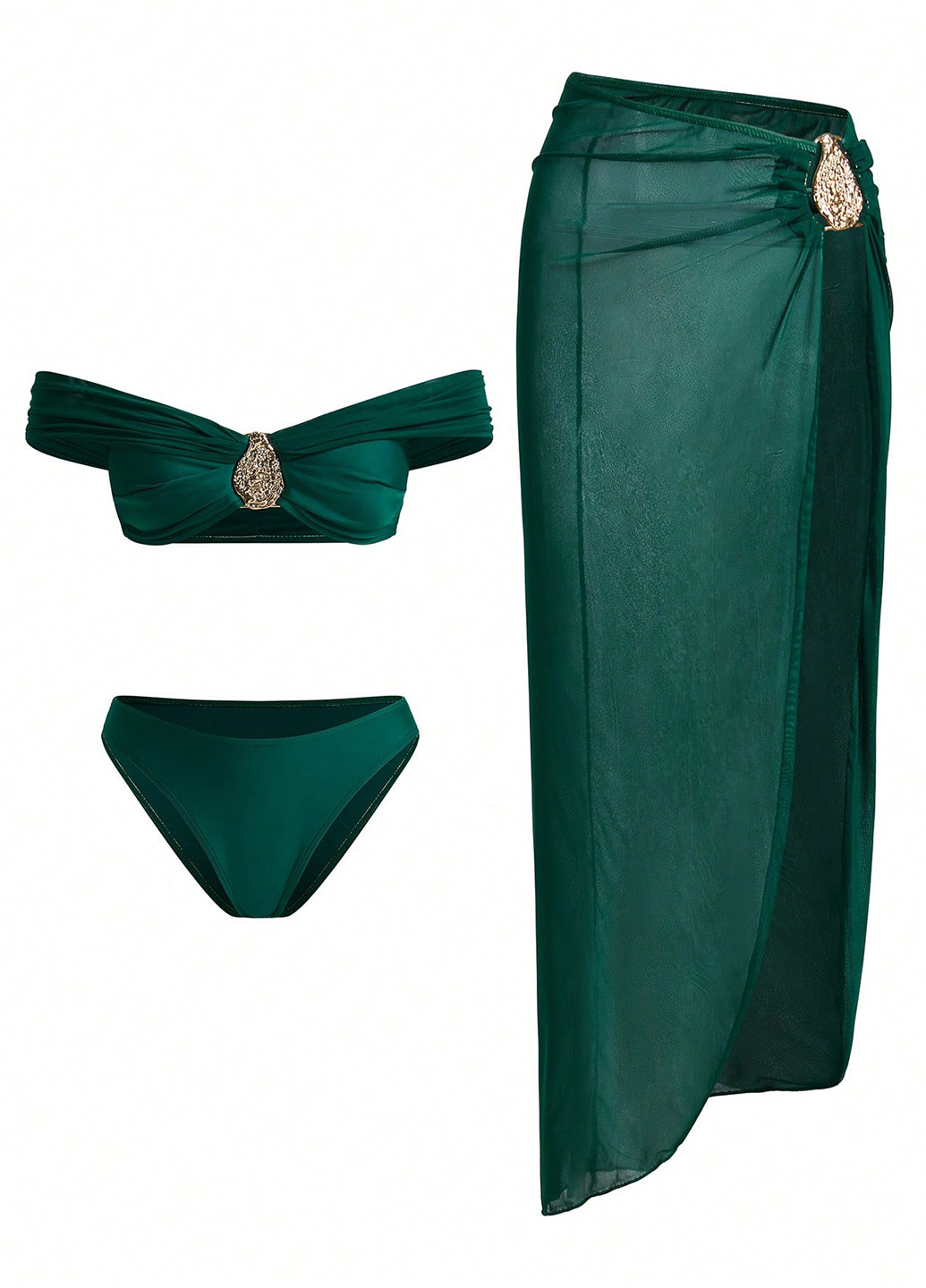 Изумрудный летний комплект (лиф, трусики, юбка) бандо, раздельный SHEIN