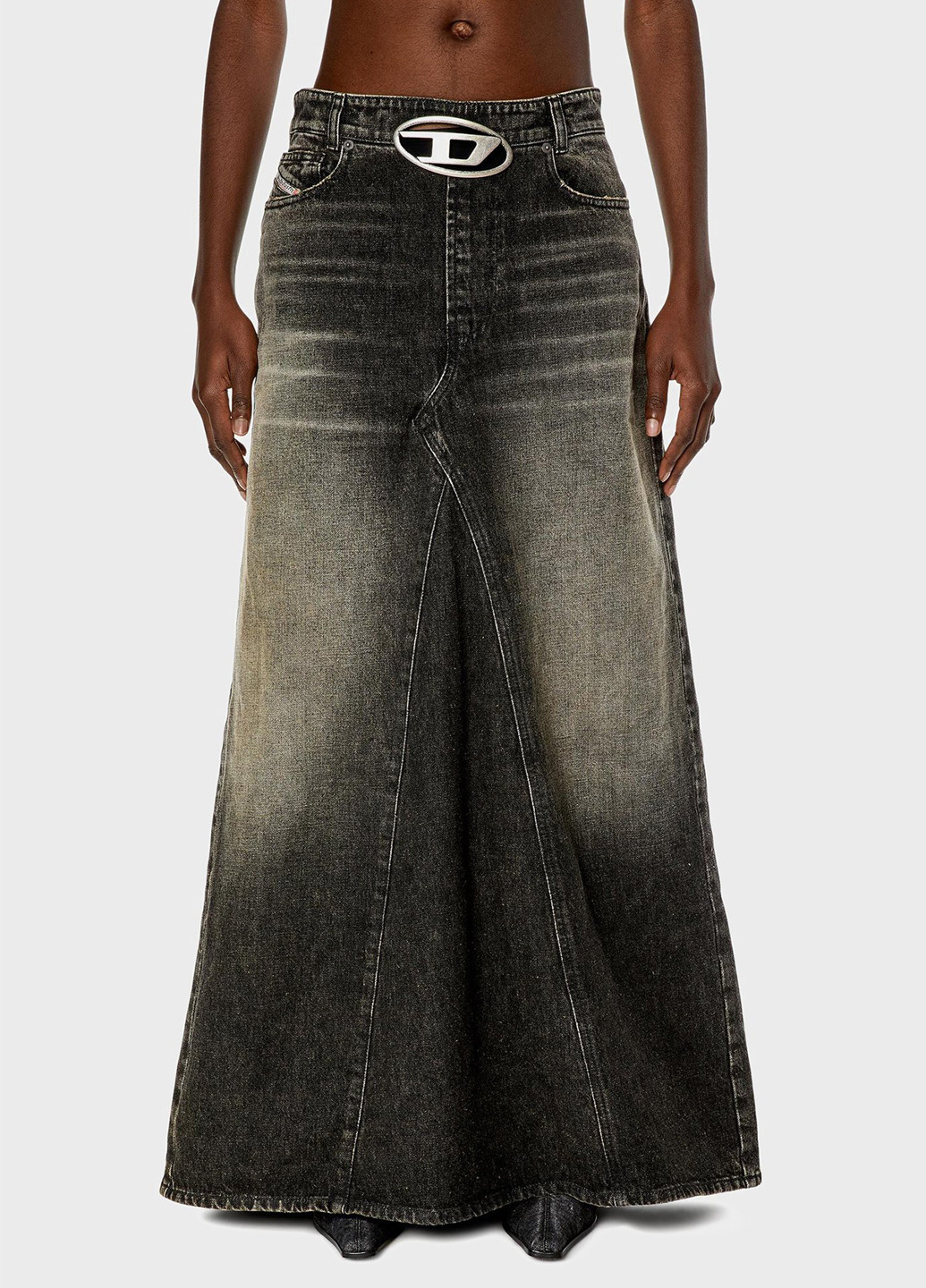 Темно-серая джинсовая однотонная юбка Diesel а-силуэта (трапеция)