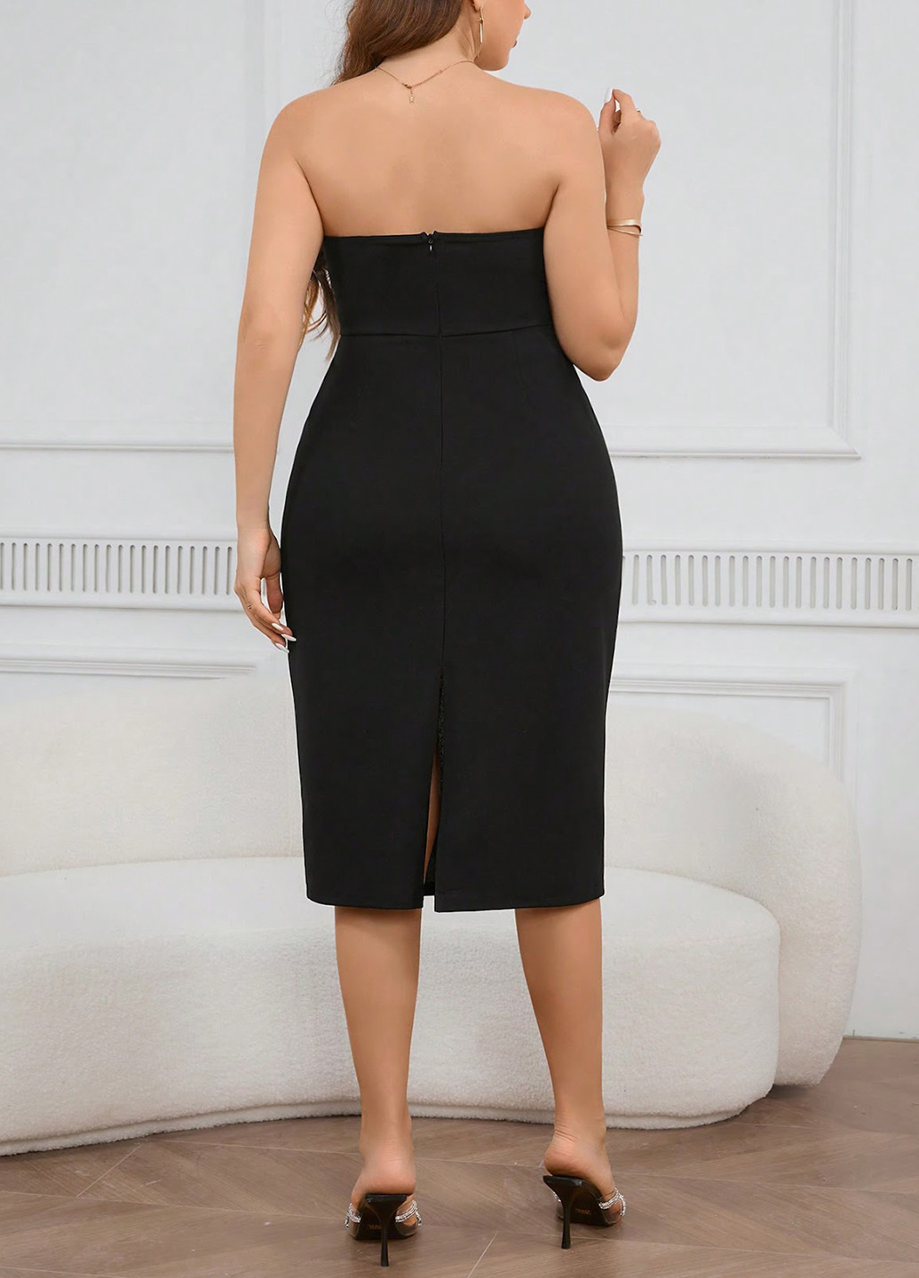 Черное вечернее платье бандо SHEIN однотонное