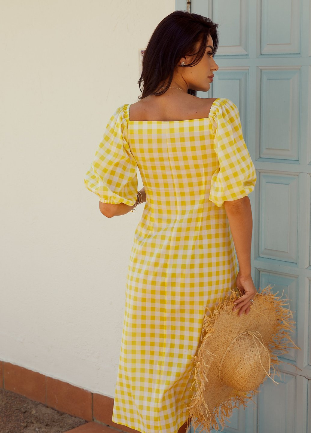 Желтое кэжуал платье в клетку лимонного оттенка Gepur в клетку